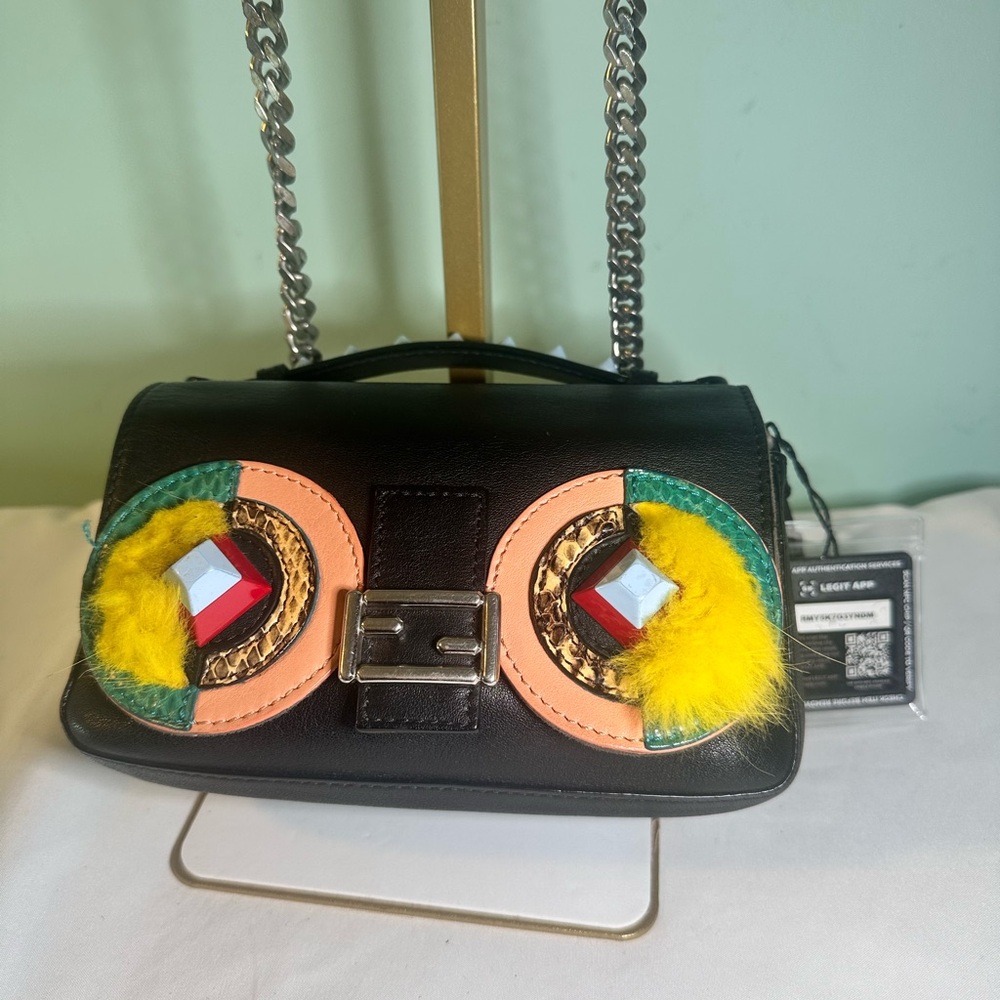 Fendi Monster Mini Baguette Crossbody Multicolor Leather Fur Chain Bag Rare - Picture 2 of 12